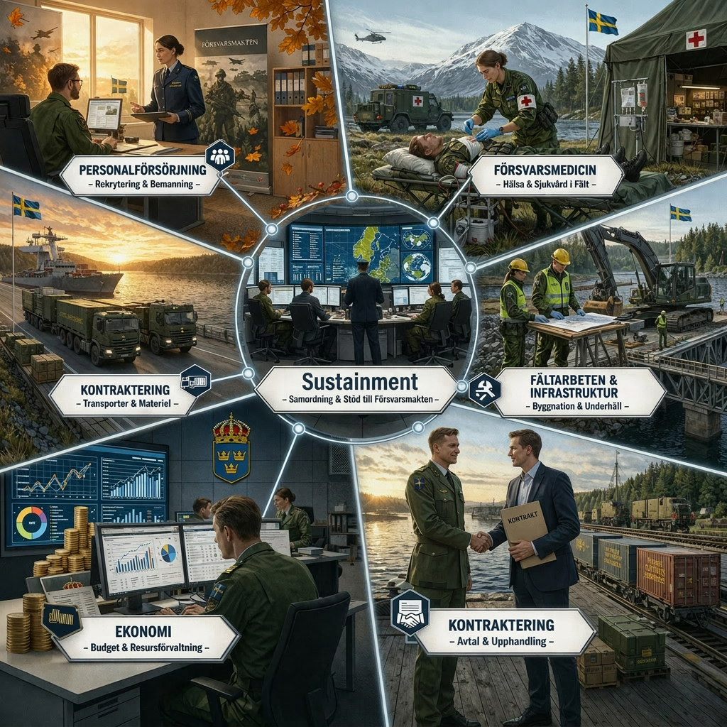 Översikt av Sustainment: försvarslogistik, personalförsörjning, försvarsmedicin, infrastruktur, ekonomi och kontraktering.