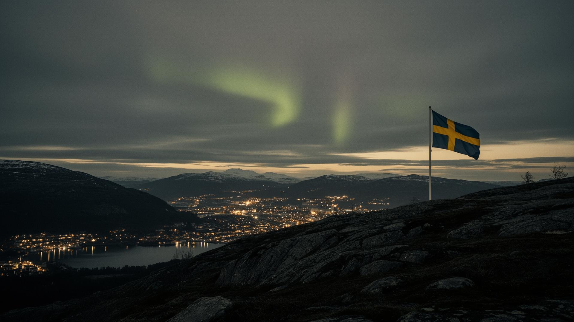 Svensk flagga på fjäll med stadsljus i skymningen — symbol för totalförsvar och civil beredskap